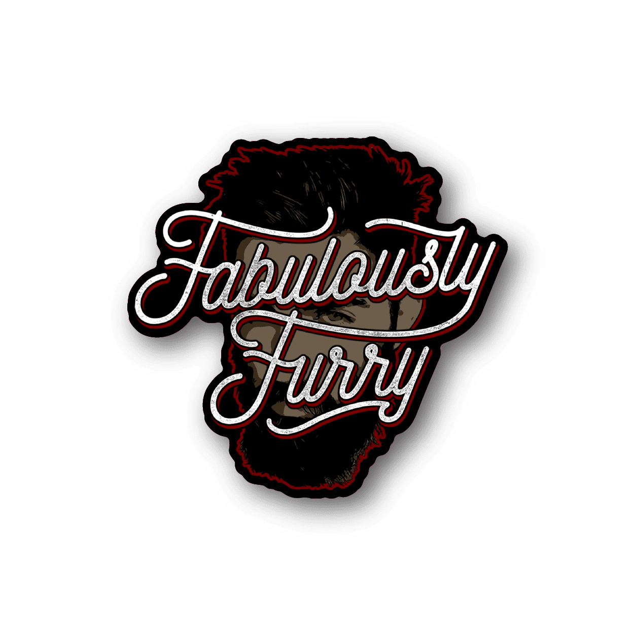 Vinyl sticker with cursive "Fabulously Furry" text and stylized red beard