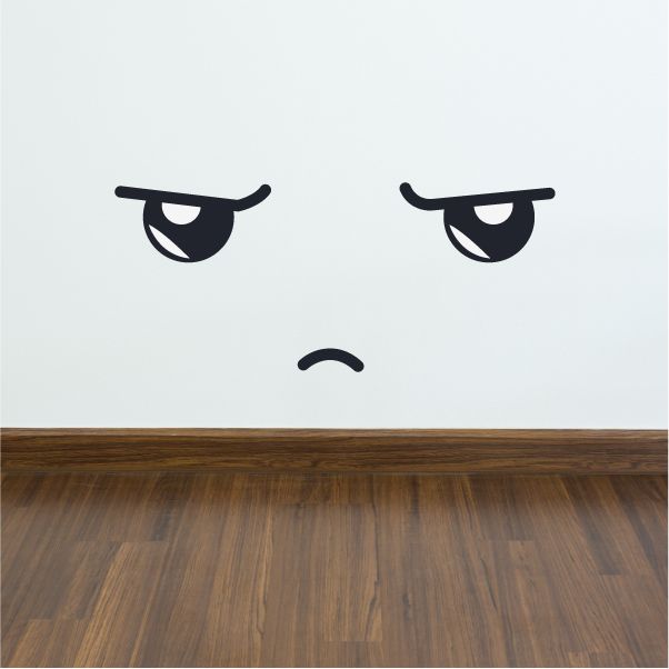 Grumpy face wall decal with arched eyebrows and half-moon mouth, vinyl sticker