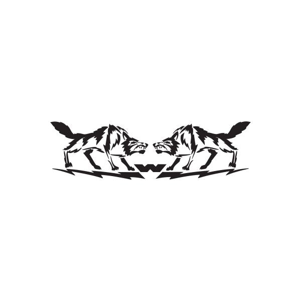 Snarling wolves decal, black graphic silhouette facing two wolves