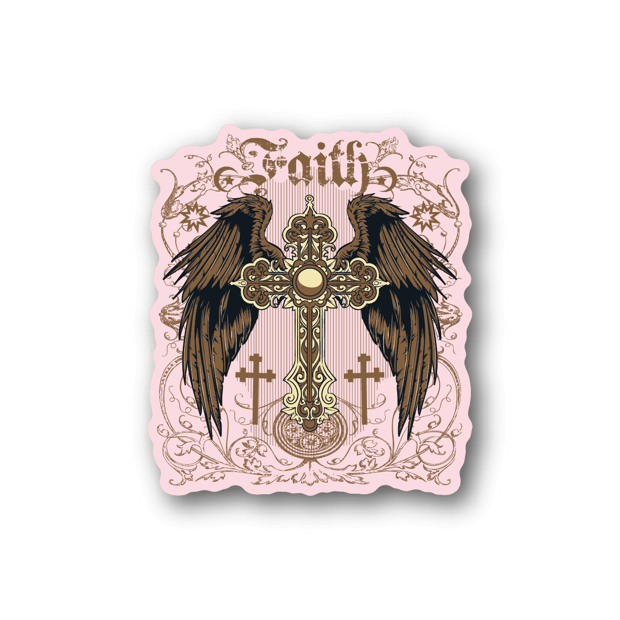 Vinyl sticker with ornate cross and dark feather wings, pink decorative frame