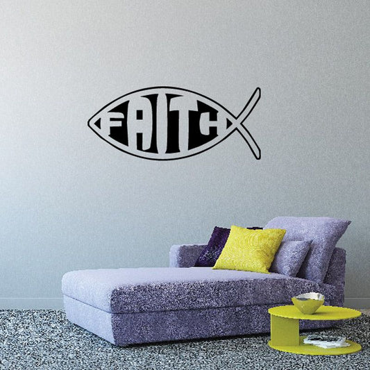 Faith Jesus fish outline wall decal with black FAITH lettering in fish shape