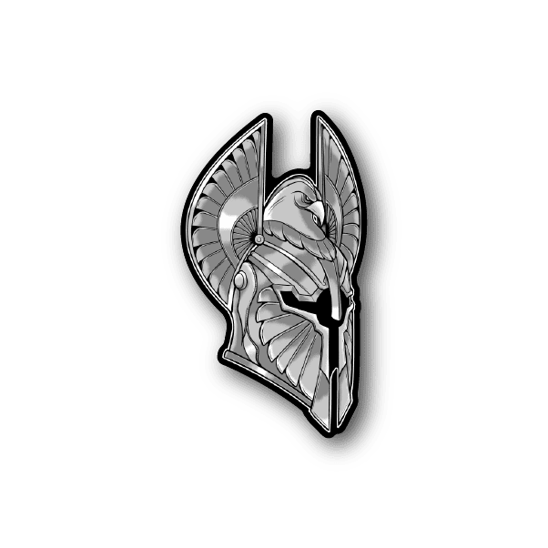 Vinyl sticker of a gray fantasy armor helmet with winged side plates