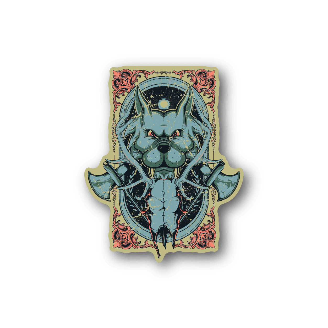 Vinyl sticker of teal dragon character with ornate border