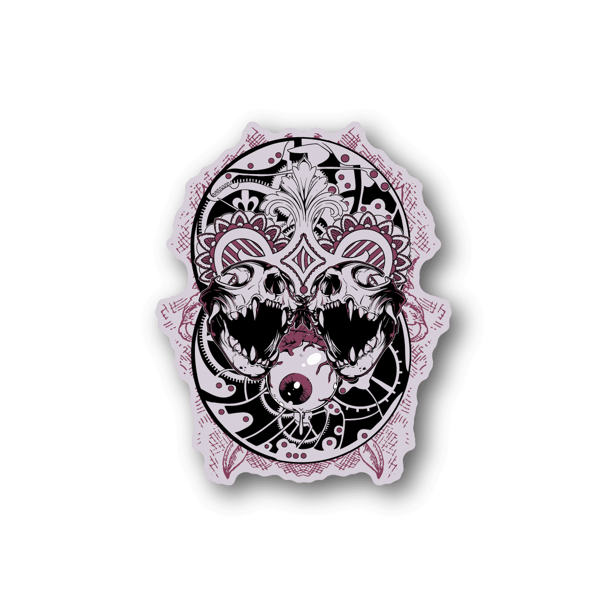 Vinyl sticker with two ornate skull faces and pink accents