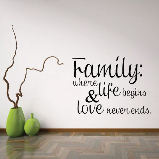 Family wall decal text: “family where life begins & love never ends.”