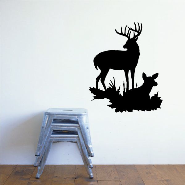 Deer and fawn wall decal with buck silhouette and grass base, black