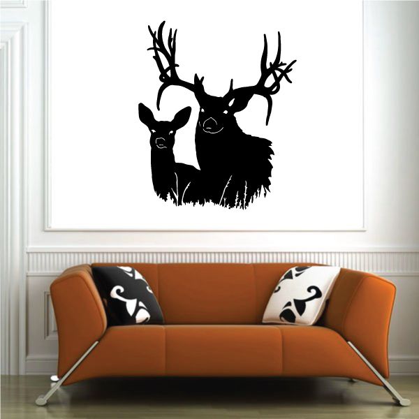 Black deer couple silhouette wall decal, single design with two deer heads