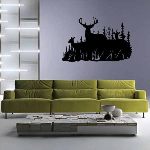 Wall decal of two deer silhouettes and pine forest scene, black