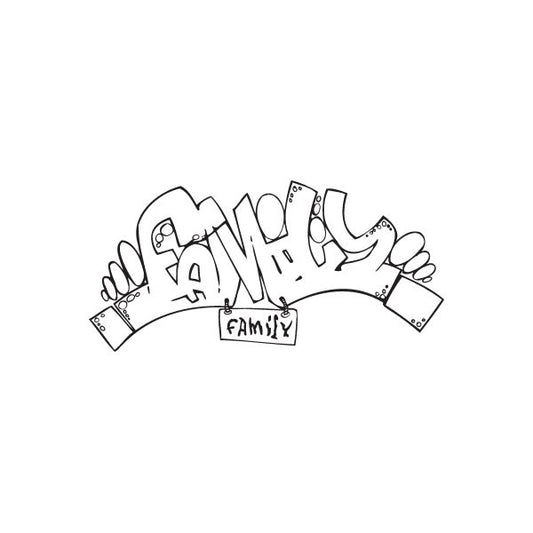 Graffiti family wall decal with outlined FAMILY lettering and Family banner