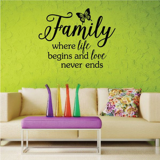 Family wall decal with butterfly and quote: where life begins and love never ends