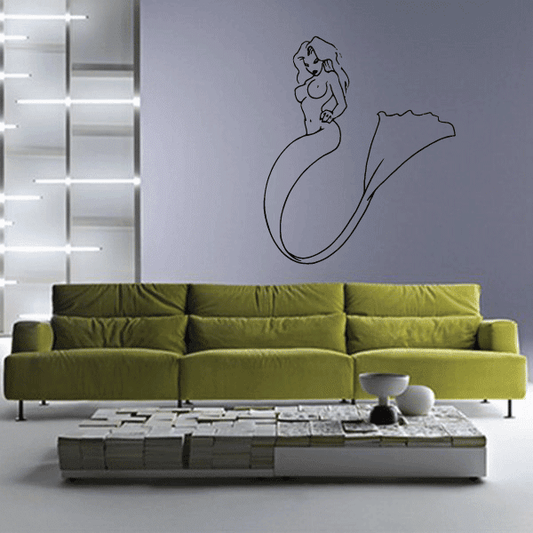 Mermaid tail decal with black line-art fan tail figure on light wall