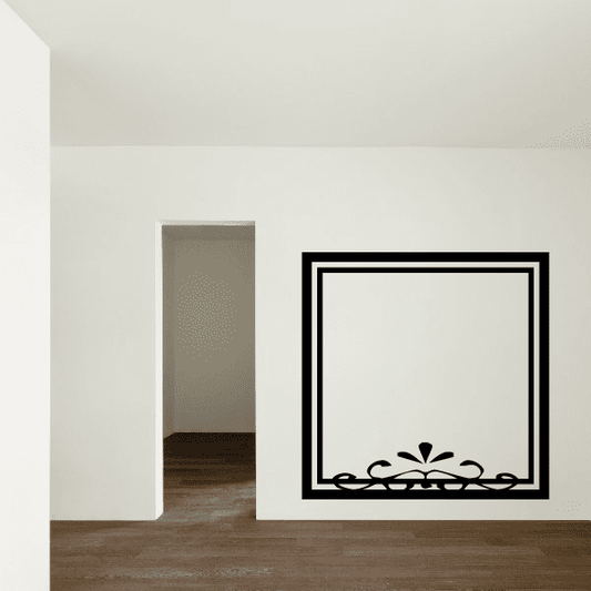 Fancy frame wall decal: square black border with ornate bow and scroll corners.