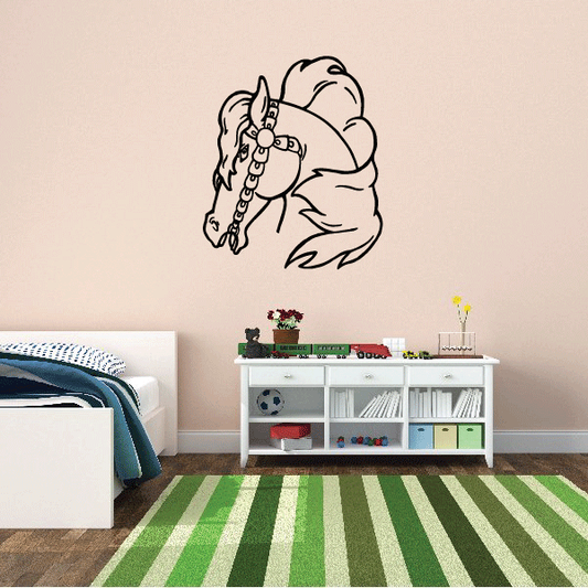 Horse head wall decal in black line-art style with detailed mane and reins