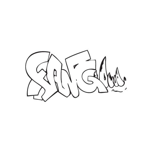 Graffiti decal with bold black stylized lettering and small flame details