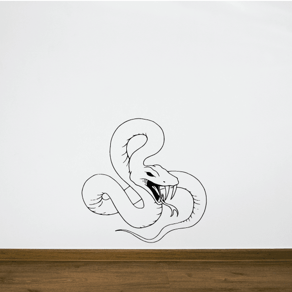 Fanged snake hissing decal with coiled body, open mouth, and curved horns