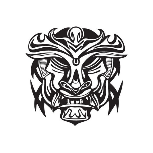 Black fanged tiki beast face decal with tribal flame accents and sharp horns