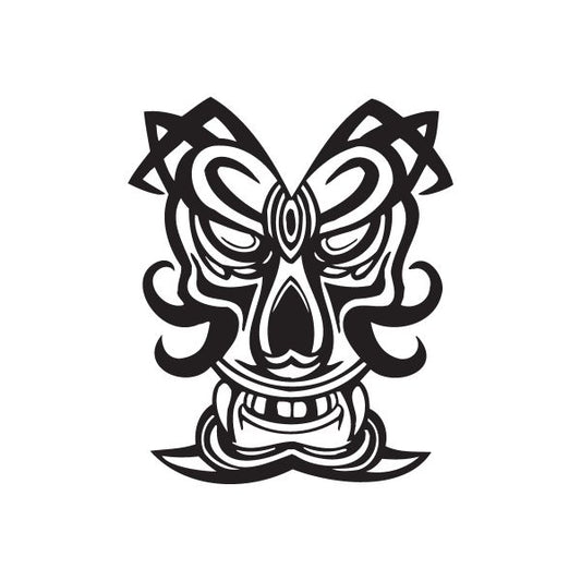 Fanged tiki skull decal in black tribal style with fangs and horn-like shapes