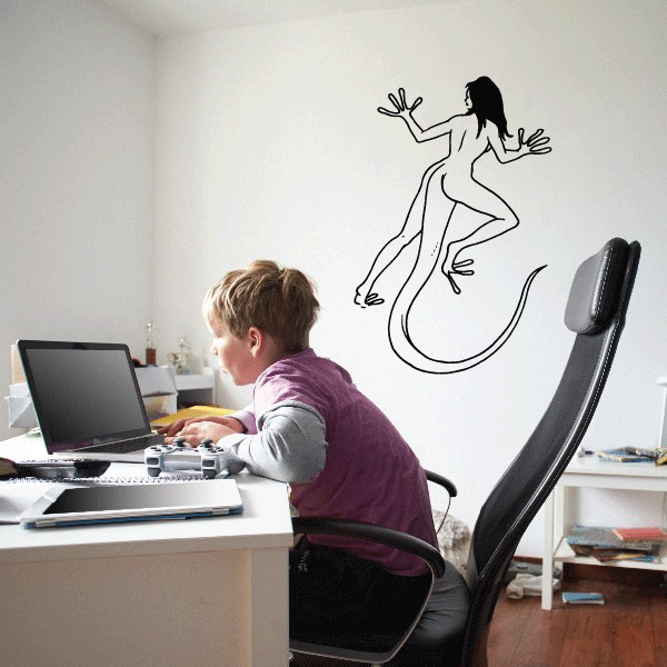 Fantasy wall decal: black line art of a woman in flowing dress