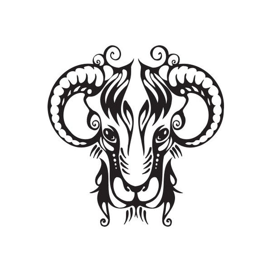 Ram head decal with ornate black flames and curled horns