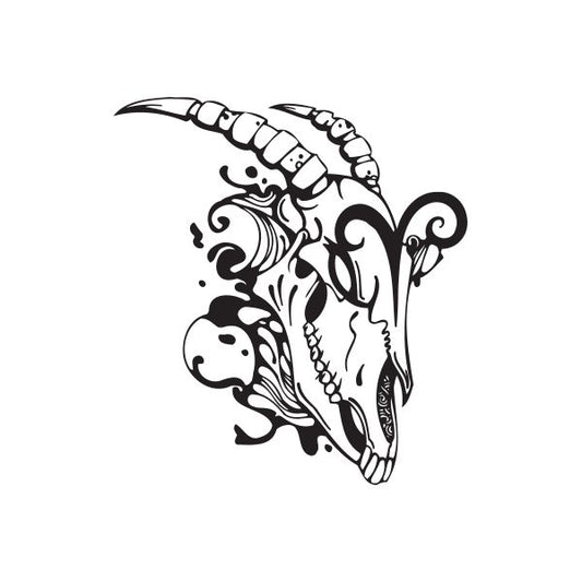 Ram skull decal with ornate line art, black-and-white