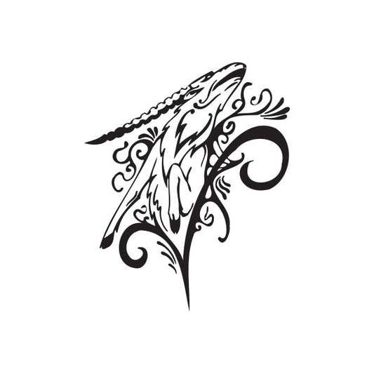 Tattoo decal: black-and-white ram head with ornate tribal flourish