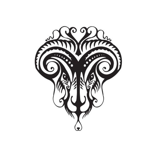 Ram head tattoo decal, black ornamental tribal style with curled horns