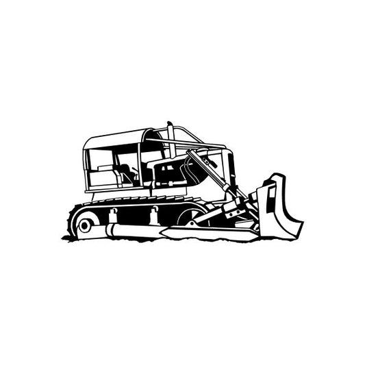 Farm bulldozer decal with treads, outlined black and white