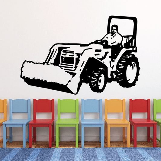 Front loader tractor decal with black-and-white line art