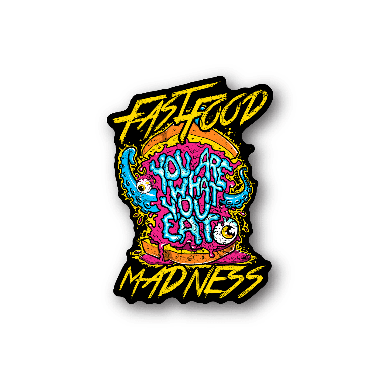 Graffiti-style vinyl sticker with neon multi-color lettering and a graphic face
