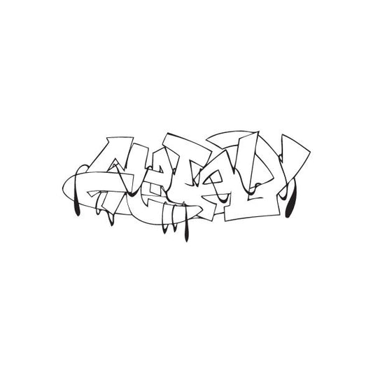 Graffiti decal with dark cartoon faces and jagged tags, monochrome