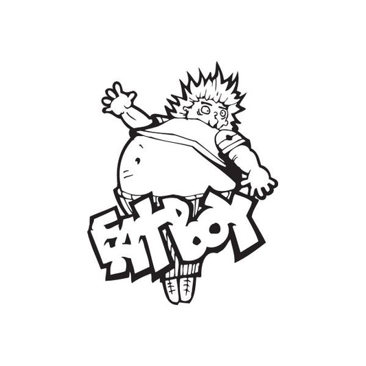 Graffiti decal with a spiky-haired cartoon character holding a speech bubble, black outline