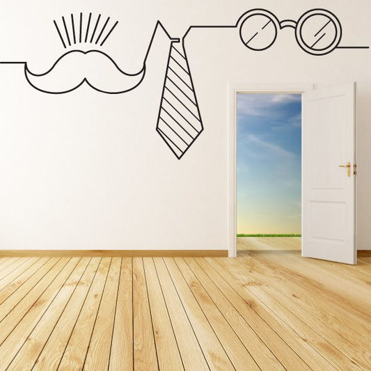 Father's Day line art wall decal with mustache, tie, and sunglasses