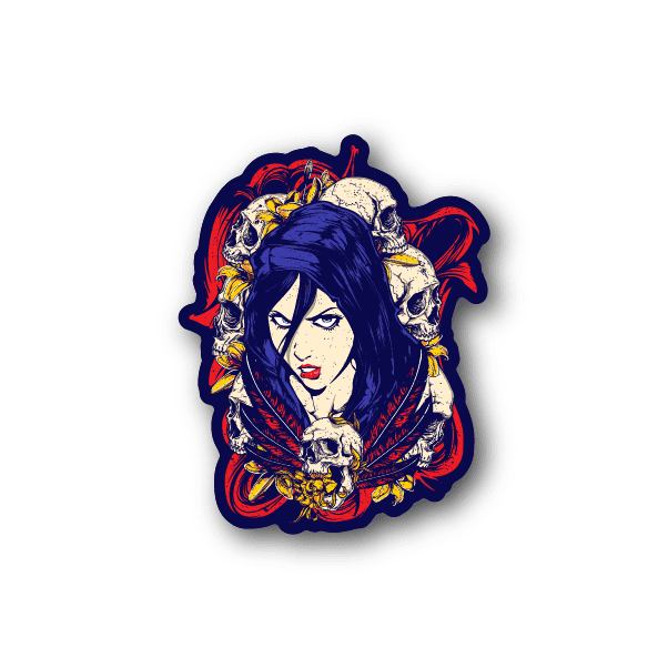 Vinyl sticker featuring illustrated blue-haired girl with white skull and ornate feather accents