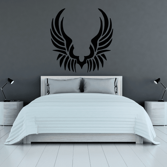 Black feather wing decal, spread-wing design with layered feather tips