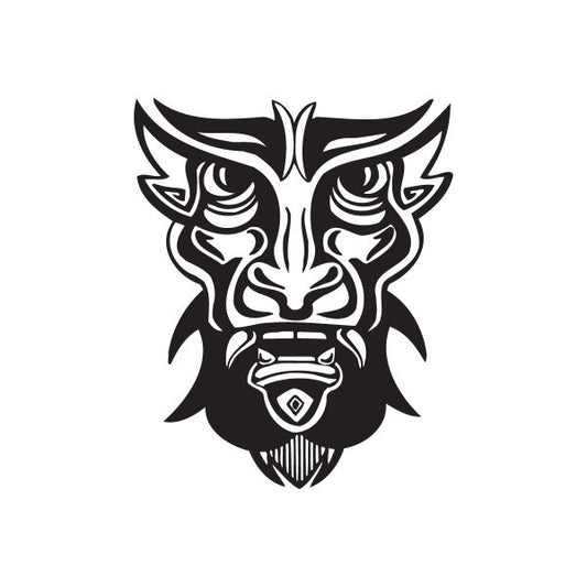 Black tiki-style cat head decal with tribal mask face and bold outlined details