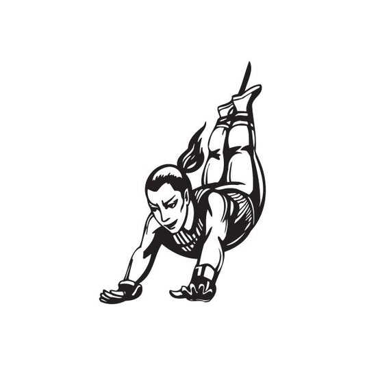 Female bungee jumping decal with black line art of crouching jumper in harness holding cord