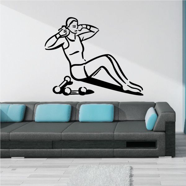 Fitness wall decal of a female doing crunches in black outline