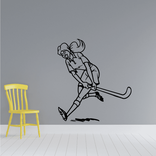 Black female field hockey player wall decal, action stance with stick