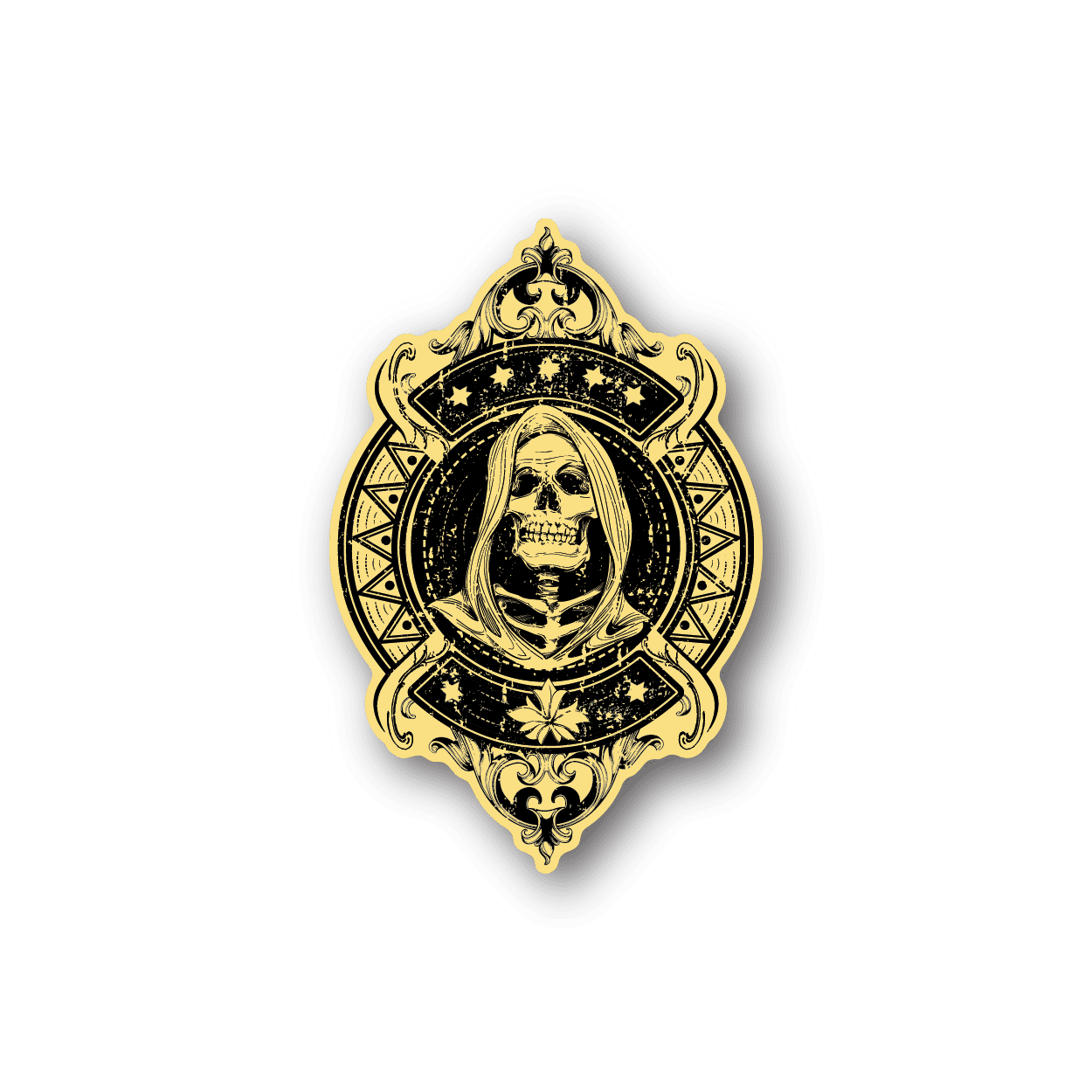 Gold vinyl sticker of female grim reaper portrait with crown and halo border