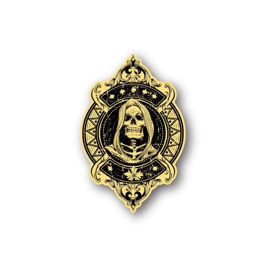 Gold vinyl sticker of female grim reaper portrait with crown and halo border
