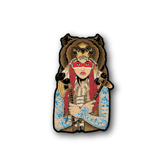 Vinyl sticker of a Native American woman with bear head headdress