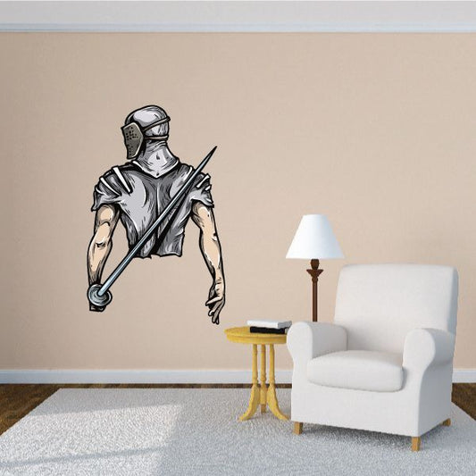 Fencing knight wall decal vinyl sticker, armored fencer holding a sword/foil, monochrome
