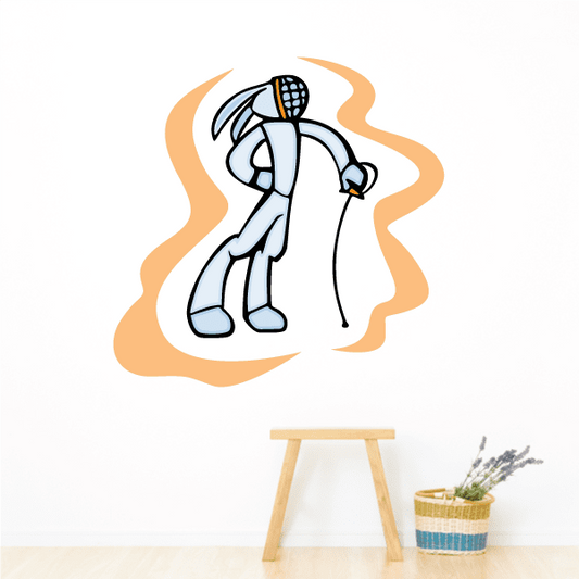 Fencing wall decal sticker of a white and light-blue fencer in helmet
