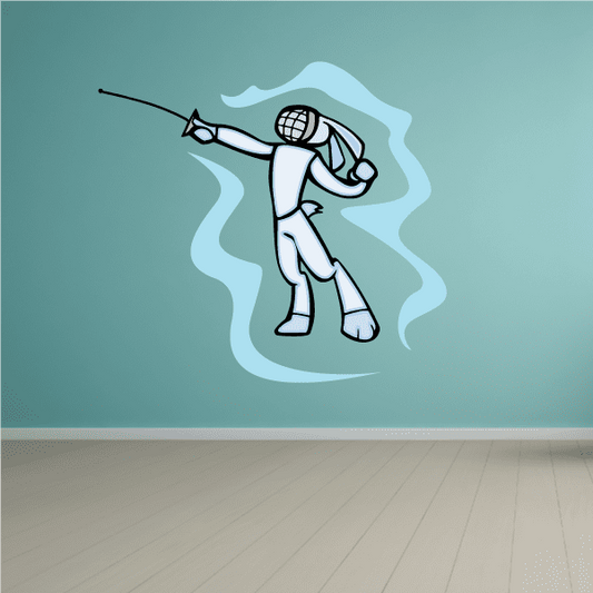 Fencing wall decal sticker of a fencer holding a foil, blue and white.