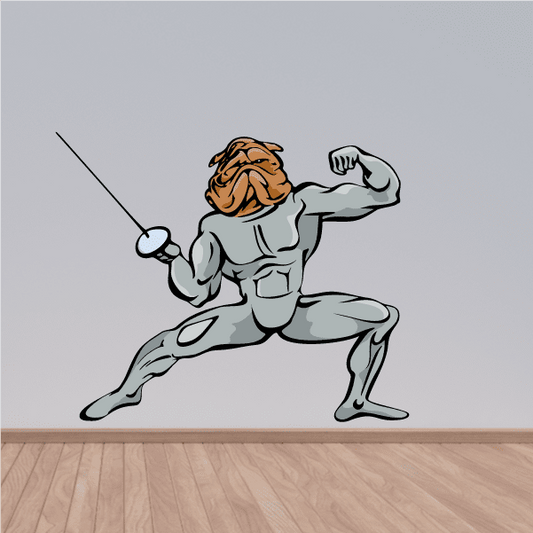 Fencing bulldog wall decal sticker, die-cut vinyl with fencer pose