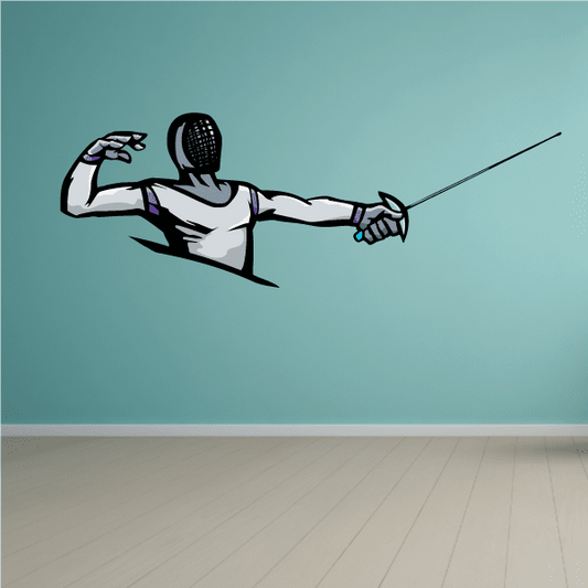 Fencing wall decal sticker of a helmeted fencer holding a foil, die-cut vinyl