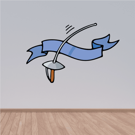 Blue fencing decal sticker with saber and ribbon banner design