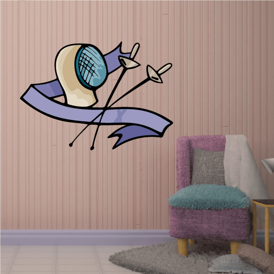 Fencing wall decal: cartoon fencer holding sword on purple ribbon vinyl sticker