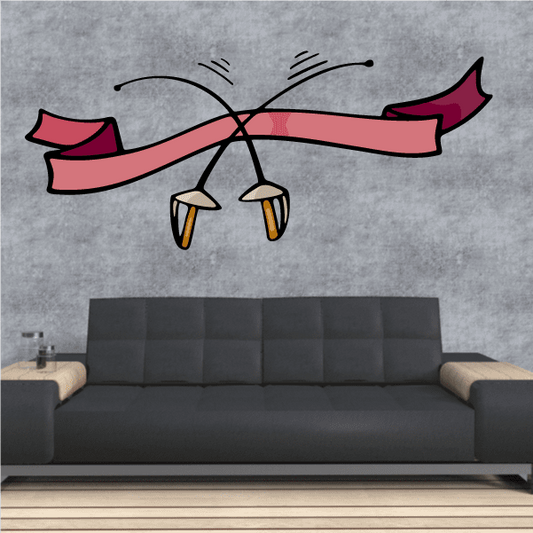 Pink crossed fencing swords vinyl wall decal with hanging bell charms