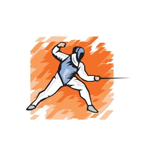 Die-cut fencing vinyl sticker: blue-and-white fencer with orange lightning burst
